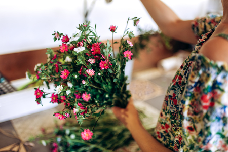 Florist is collecting a bouquet of fresh white and pink chrysanthemumsの写真素材