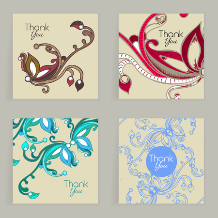 Four cards. Hand drawn creative flower. Colorful artistic background with blossom. Abstract herb.のイラスト素材