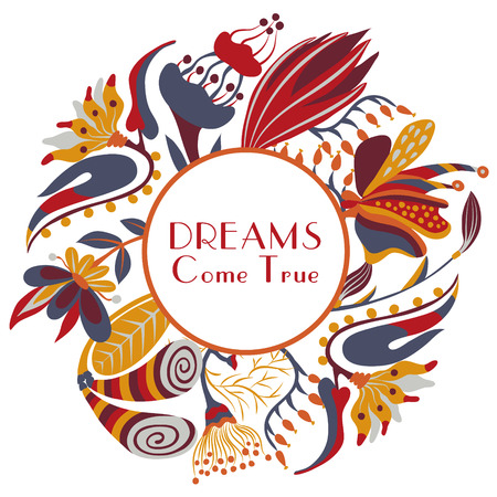 Floral round frame. Hand drawn creative flower around circle. Colorful background with blossom. Abstract herbのイラスト素材