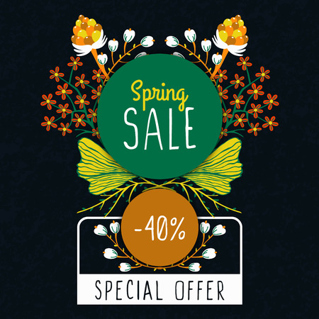 Spring sale. Special offer. Floral decoration. Flowers around round frame. Discount. Flyer, banner, advertising or sign board. Vector illustration, eps10のイラスト素材