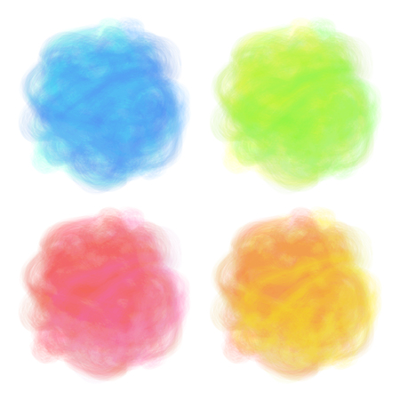 Summer design. Set of 4 bright spots. Pseudo watercolor stains. Round elements with paint texture. Colorful art shapes. It can be used as background for text. Vector illustration, eps10のイラスト素材