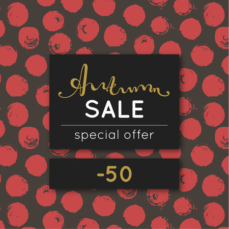 Autumn sale. Discount in fall. Special offer. Pattern with red round stain. Repeating background with spots. Lettering. Flyer, advertising, banner, signboard.のイラスト素材