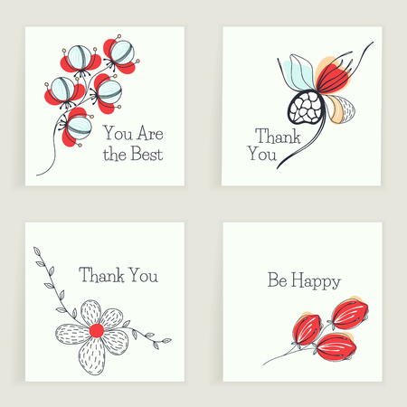 Four square cards with wishes. Hand drawn creative flowers. Colorful artistic background with blossom. Abstract herb. It can be used for invitation, thank you message, postcard. Vector, eps10のイラスト素材