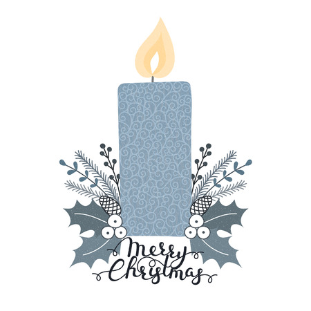 Merry Christmas. Hand drawn herbs around candle. Xmas decoration. Handwritten lettering. Winter holiday. Wishes. Holly. It can be used for card, postcard, poster, invitation, banner. Vector, eps10のイラスト素材