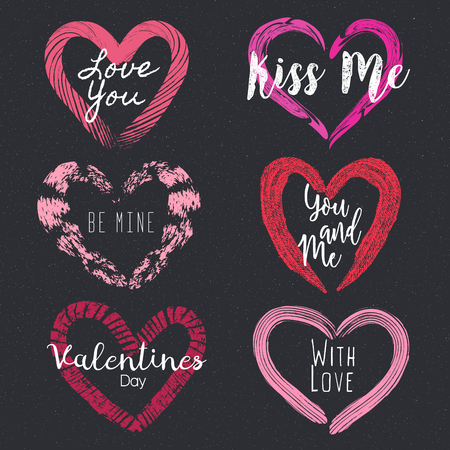 Set of 6 textured shapes of heart. Happy Valentine's Day. Creative frames. Grunge. Holiday in February.のイラスト素材