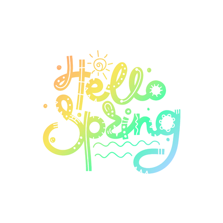 Hello Spring. Gradient creative hand drawn lettering. Freehand style. Doodle. Letters with ornament.のイラスト素材