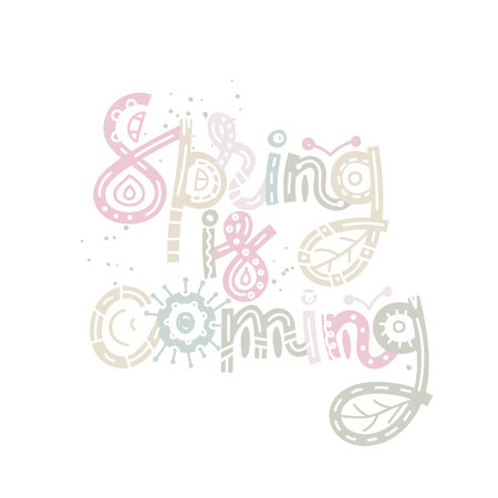 Spring is coming. Cute creative hand drawn lettering. Freehand style. Doodle. Letters with ornament. Springtime. It can be used for card, print on clothes, banner, poster. Vector illustration, eps10のイラスト素材