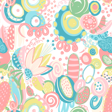 Vector seamless pattern with hand drawn abstract shapes, scribbles, spirals.のイラスト素材