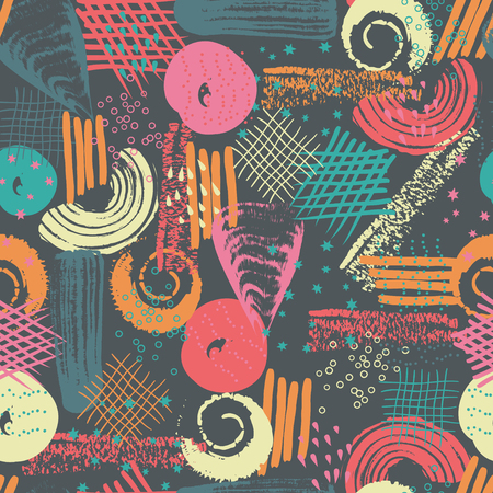 Vector seamless pattern with abstract shapes and scribbles. Creative textures. Stains of paint, ink. Artistic background. Modern design. Cover, card, fabric, wrapping, wallpaper, other interior decorのイラスト素材