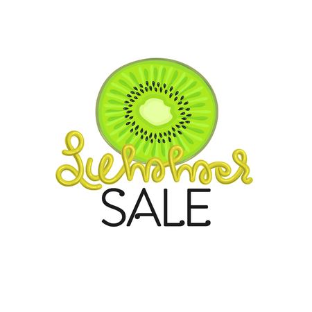 Summer sale. Hand drawn lettering with kiwi. Green tropical fruit. Discount. Shopping. Commerce. Flyer, advertising, banner, signboard.のイラスト素材