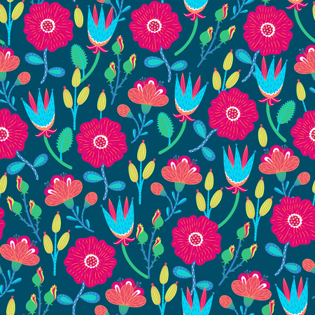 Floral seamless pattern. Hand drawn creative flowers. Colorful artistic background with blossom. Abstract herb. It can be used for wallpaper, textiles, wrapping, card, print on clothes. Vector, eps10のイラスト素材