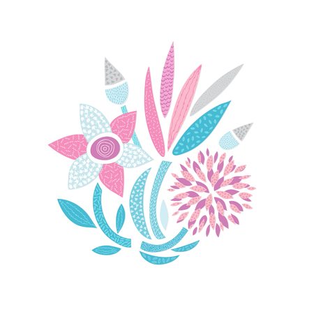 Vector abstract hand drawn flowers with different textures. Cutout floral composition. Freehand style. Unique design for card, invitation, wall decoration, sticker, print on clothes, packagingのイラスト素材
