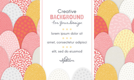 Vector abstract background with frame in centre and hand drawn textured arc shapes. It looks like hills or squama. Freehand style. Header, mailing, banner, adversting, invitation, label, certificateのイラスト素材