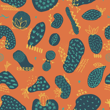 Vector seamless pattern with hand drawn abstract shapes. Spotted and textured figures. Unique design. Creative background. Applique. Freehand style. Wallpaper, textile, wrapping, print on clothesのイラスト素材