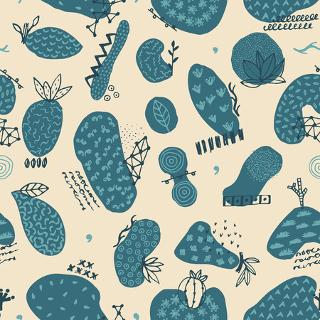 Vector seamless pattern with hand drawn abstract shapes. Spotted and textured figures. Unique design. Creative background. Applique. Freehand style. Wallpaper, textile, wrapping, print on clothesのイラスト素材