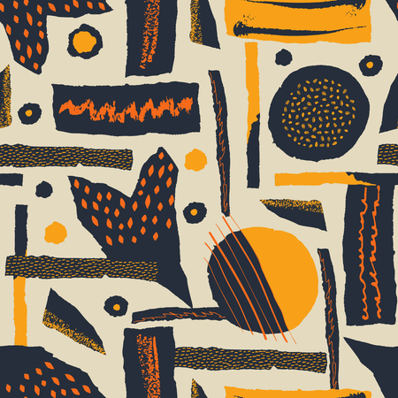 Vector seamless pattern. Torn paper decorated paint and ink spots. Different shapes with rough ribbed and jagged edges. Grunge texture. Applique of scraps with stains. Wallpaper, wrapping, textileのイラスト素材