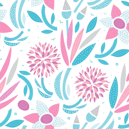 Vector seamless pattern. Abstract hand drawn flowers with different textures. Floral composition. Freehand style. Artistic design for wallpaper, textiles, wrapping, card, print on clothes, packagingのイラスト素材