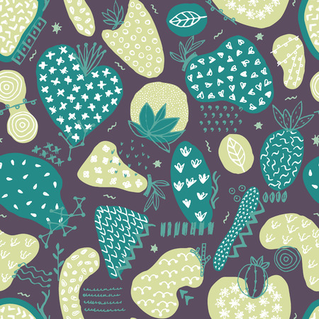 Vector seamless pattern with hand drawn abstract shapes. Spotted and textured figures. Unique design. Creative background. Applique. Freehand style. Wallpaper, textile, wrapping, print on clothesのイラスト素材