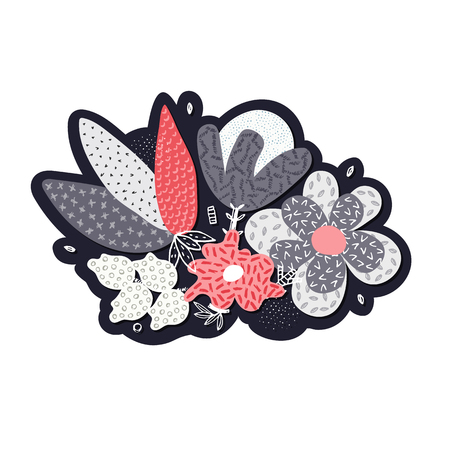 Vector abstract hand drawn flowers with different textures. Cutout floral composition. Freehand style. Unique design for card, invitation, wall decoration, sticker, print on clothes, packagingのイラスト素材