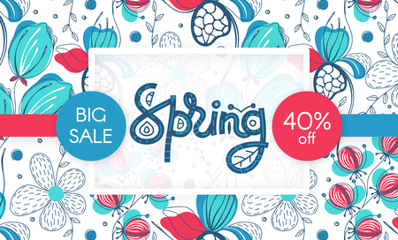 Spring sale. Floral pattern. Hand drawn creative flowers. Discount. Shopping. Lettering in frame. Commerce. Abstract herb. Springtime. Flyer, advertising, banner, signboard, poster. Vector, eps10のイラスト素材