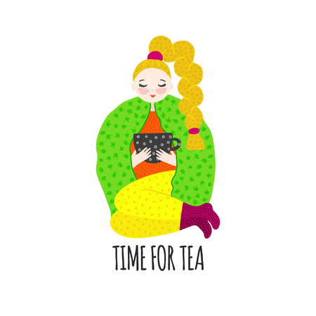 Girl in warm clothes spending autumn or winter weekend at home - drink tea. Hand drawn cute cartoon character. Freehand style. Relaxation and comfort. Card, poster, print on clothes. Vector, eps10のイラスト素材