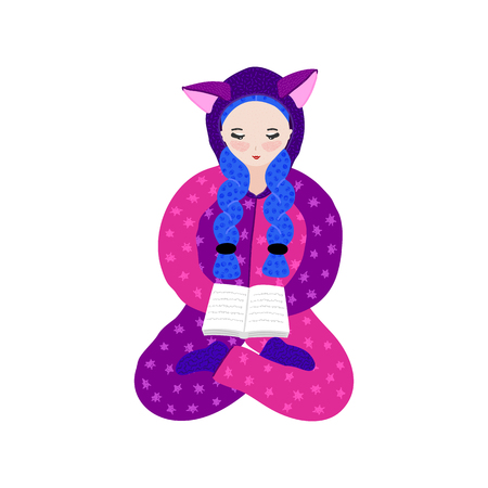 Girl in kigurumi pajama reading book. Hand drawn cute cartoon character in jumpsuit with ears. Pastime. Freehand style. Unique design. Card, poster, cover. Relaxation and comfort. Vector, eps10のイラスト素材