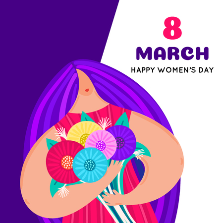 Girl with disproportionate figure holds bouquet of flowers. Flat design. Trendy style. 8 March. Happy women's day. This can be used for greeting card, banner, poster, invitation, brochure. Vectorのイラスト素材