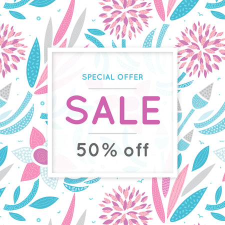Sale. Floral pattern. Hand drawn flowers. Discount. Shopping. Commerce. Colorful background with blossom. Abstract herb. Springtime. Flyer, advertising, banner, signboard, poster. Vector, eps10のイラスト素材