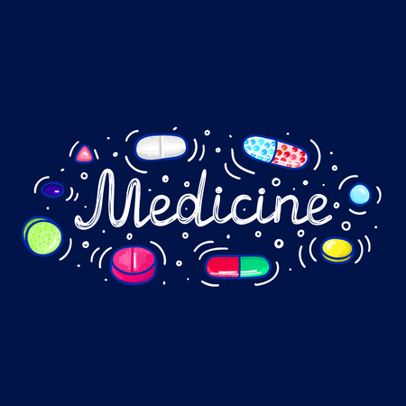 Lot of pills and capsules. Medicine or dietary supplements. Healthy lifestyle. Alcohol markers style. Doodle. Health and care. Design for clinics, hospitals, pharmacies, medical posters. Vector, eps10のイラスト素材