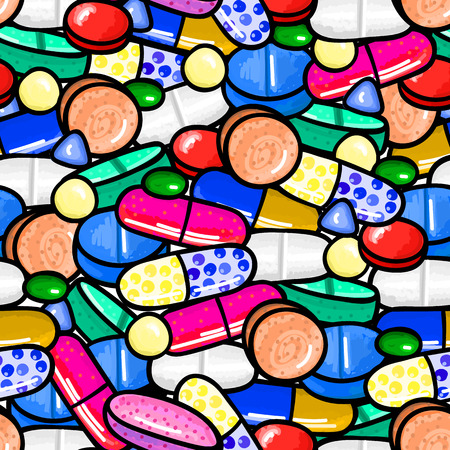 Seamless pattern with lot of pills and capsules. Medicine or dietary supplements. Healthy lifestyle. Alcohol markers style. Doodle. Health and care. Design for clinics, hospitals, pharmacies. Vectorのイラスト素材