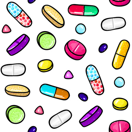 Seamless pattern with lot of pills and capsules. Medicine or dietary supplements. Healthy lifestyle. Alcohol markers style. Doodle. Health and care. Design for clinics, hospitals, pharmacies. Vectorのイラスト素材