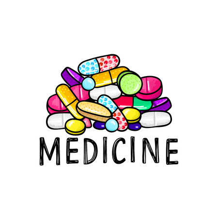 Lot of pills and capsules. Medicine or dietary supplements. Healthy lifestyle. Alcohol markers style. Doodle. Health and care. Design for clinics, hospitals, pharmacies, medical posters. Vector, eps10のイラスト素材