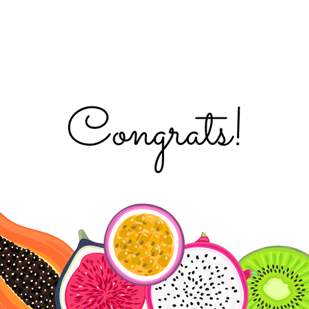 Vector background with tropical fruits. Pitahaya or pitaya , kiwi, passion fruit, fig, papaya. Creative artistic style. Card, invitation, cover, banner, thank you message, label, package design. Eps10のイラスト素材