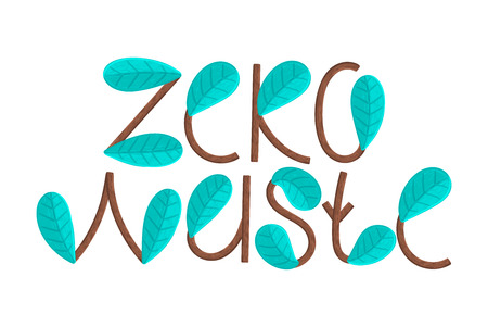 Zero waste. Lettering. Letters consisting of branches and green leaves. Decorative textured elements. Typography. It can be used for heading, packaging, cover, print on clothes. Vector, eps10のイラスト素材