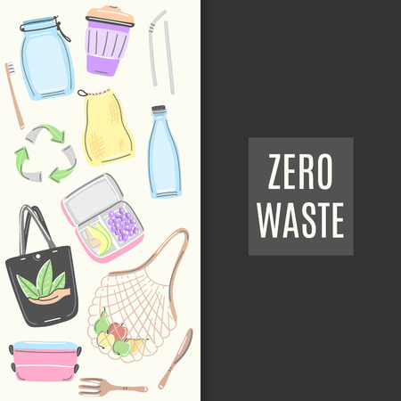 Background with zero waste objects. Hand drawn flat style. Eco lifestyle. Save planet. Care of nature. Go green. Card, flyer, banner, brochure, label. Vector, eps10のイラスト素材