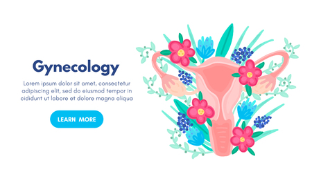 Web template with female reproductive system in flowers. Landing page. Woman health. Advertising for women's pads, lactobacillus, department of obstetrics and gynecology. Medical banner. Vector, eps10のイラスト素材