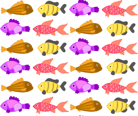 Vector seamless pattern with colorful abstract fish. Undersea world. Aquarium. Wrapping paper, package, wallpaper, poster, clothing and other textile in a pet store, fishing gear shop or aquaparkのイラスト素材