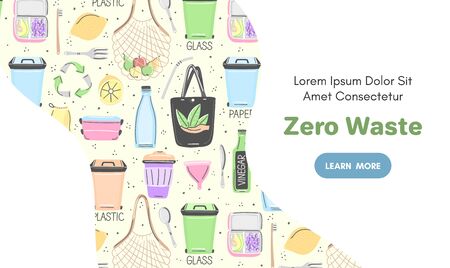 Vector background with zero waste objects. Hand drawn flat style. Eco lifestyle. Save planet. Care of nature. Online store. Landing page te mplate, mailing, advertising, header, banner, label. Eps10のイラスト素材