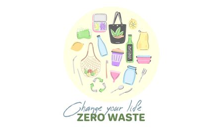 Vector background with zero waste objects. Hand drawn flat style. Eco lifestyle. Save planet.のイラスト素材