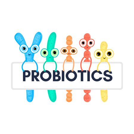 Probiotics. Lactic acid bacterium. Bifidobacterium, lactobacillus, streptococcus thermophilus, lactococcus, propionibacterium Microbiome. Microbiota. Cute characters. Gastrointestinal health.のイラスト素材