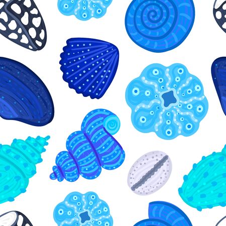 Vector seamless pattern with colorful shells. Ornament with seashells. Wrapping paper, package, wallpaper, clothing and other textile in a pet store or aquapark, print on shower curtain, beach matのイラスト素材