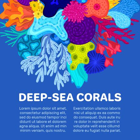 Vector composition of corals. Background with colorful sea or ocean life. Template for cover, invitation, banner, brochure, flyer, label, header. Advertising of water park, aquarium, marine exhibitionのイラスト素材