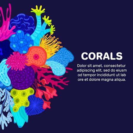 Vector composition of corals. Background with colorful sea or ocean life. Template for cover, invitation, banner, brochure, flyer, label, header. Advertising of water park, aquarium, marine exhibitionのイラスト素材