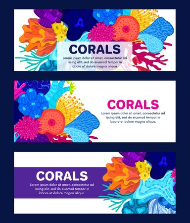 Vector composition of corals. Background with colorful sea or ocean life. Template for cover, invitation, banner, brochure, flyer, label, header. Advertising of water park, aquarium, marine exhibitionのイラスト素材