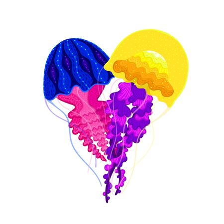 Vector jellyfish in heart shape. Sea medusa. Colorful marine life. Underwater creatures. Design for attributes of water park and aquarium. Print for clothes, cards, covers, posters. Sticker, labelのイラスト素材