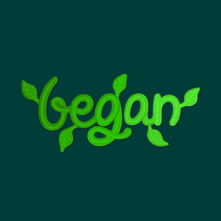 Vegan green lettering with leaves. Title of menu, flyer, poster in cafe or restaurant. Label, sticker. Vector illustration,のイラスト素材