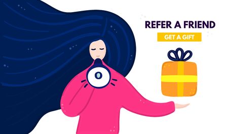 Concept of referral program. Social media marketing. Refer a friend. Girl speaks into a loudspeaker, holding gift in her hand. Banner, advertising. Vector illustrationのイラスト素材