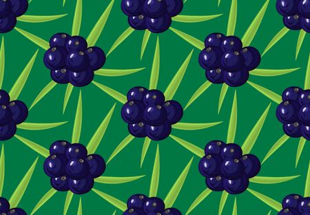 Seamless pattern with ripe acai berries, leaves. Brazilian superfruit. Euterpe oleracea. Superfood for healthy life. Dietary supplement. Repeating background for header, label, package. Vector, eps10のイラスト素材