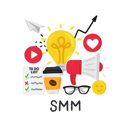 Vector smm elements. Social Media Marketing. Reach and promotion among target audience. Concept is for banner, advertising, mailing list, website, training presentation for marketers, posts, posterのイラスト素材