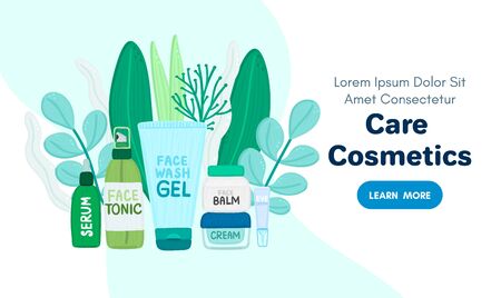 Organic or natural cosmetics. Many jars and bottles with cosmetic names. Facial skin care. Online store. Landing page template. Background is for banner, header, advertising, mailing list. Vectorのイラスト素材